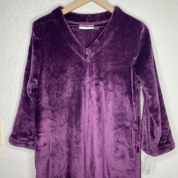 Natori Women Cashmere Fleece Zip Caftan Extra Small XS Plum Purple Zipper Robe - Picture 4 of 12